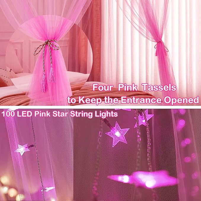 Lovelite Pink Bed Canopy with Lights for Girls, 8 Corners Post Canopy Bed Curtain with Pink LED Star Lights Remote Control for Girls Bedroom, Hanging Princess Canopy for Twin Full Queen King Bed