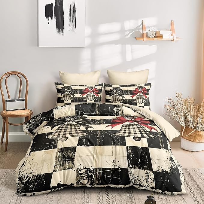 Christmas Duvet Cover King Size Retro Christmas Bell Gingham Bedding Set 3 Pieces Kids Boys Girls Xmas Happy Holiday Checked Pattern Comforter Cover with Zipper Closure