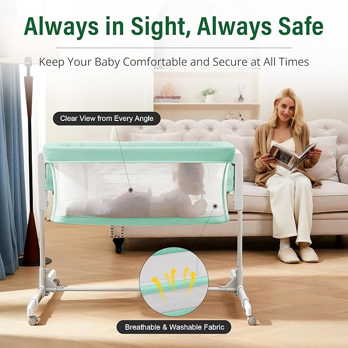 Baby Bassinet Bedside Sleeper 3-in-1, Easy Night Feeding with One-Side Fold & Rolling Wheels, Breathable Mesh, 6-Height Adjustable, Soft Mattress for Newborns