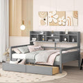 Harper & Bright Designs Full Daybed with Storage, Wooden Full Size Bed Frame with Bookcase Headboard and 2 Drawers, Full Sofa Bed with Shelves for Living Room Bedroom, No Box Spring Need, Gray