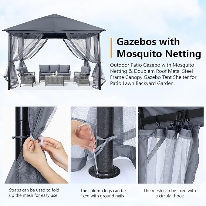 ABCCANOPY Outdoor Patio Gazebo 11x11 - Single Roof Canopy with Mosquito Netting for Backyard, Deck, Garden, Lawn, Dark Gray