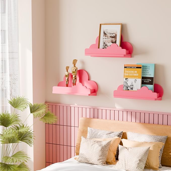 Cloud Shelves for Kid’s Room Nursery Wall Deor Set of 3, Pink Cloud Bookshelf, Small Figure Shelf Wall Mounted, Cute Decorative Solid Wood Floating Shelves for Toys, Plants & Storage