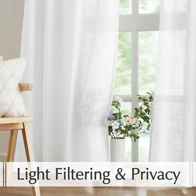FMFUNCTEX Linen Semi Sheer Curtains for Bedroom, White Curtains 90 Inches Long for Living Room, Country Farmhouse Sheer Drapes, Light Filtering Window Curtain, Grommet Top 2 Panels