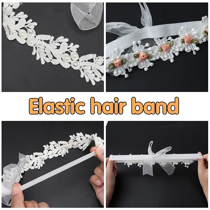 2 Pack 18-20in Elegant White Flower Christening Headbands for Baby Girl, Elastic Soft Lace with Cute Tulle Pearl Hair Strap (Snow Tooth Rose)