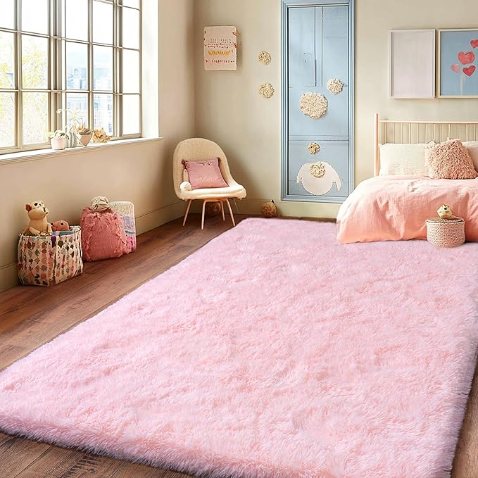 Pink Rug for Living Room, 9x12 Area Rug for Cute Girls Room, Bedside Indoor Floor Fluffy Shag Carpet, Plush Soft Rug for Bedroom Nursery Dorm Home Decor