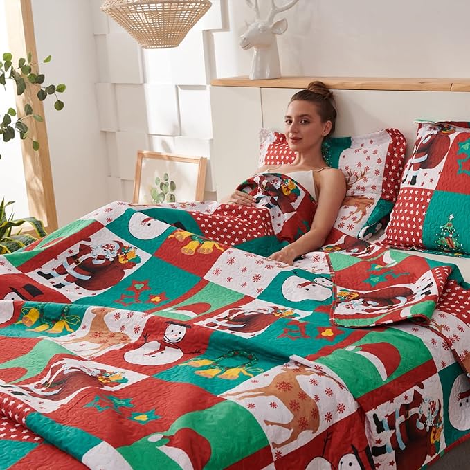 Rustic Plaid Patchwork Christmas Twin Size Bedding Set - Lightweight Reversible Bedspread & Quilt - Cabin Home Decor