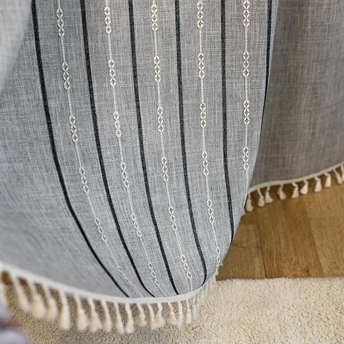 Deeprove Boho Style Curtains 96 inches Long, Vintage Bohemian Embroidery Striped Farmhouse Cotton Linen Fringe Window Treatments Bedroom Nursery Decor, W52 x L96, 1 Panel Dusty Grey and Stone Blue