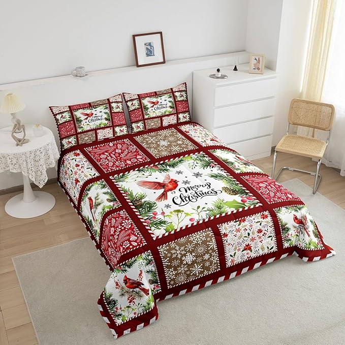Castle Fairy Merry Christmas Full Size Comforter Set,Xmas Patchwork Watercolor Cardinal Bird Bedding Comforters Bedroom Collection,Floral Leaves Snowflakes Plaid Bedding Set for Girls Teens