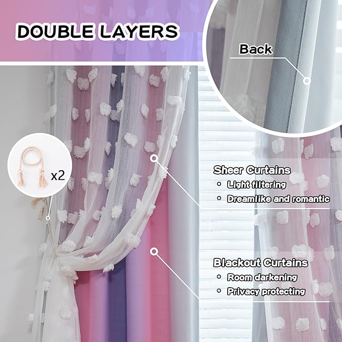 MYSKY HOME Pom Pom Curtains Blackout and Sheer Curtains for Girls Bedroom Ombre Nursery Curtains 84 Inch Long Room Darkening Princess Double Layer Curtains with Grommet Top Pink Purple 52 x 84 in