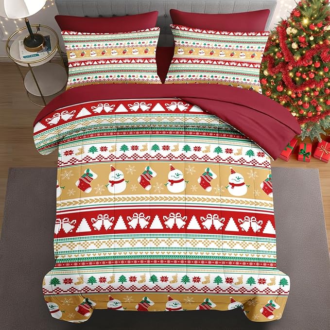 5 Pcs Twin Size Christmas Comforter Set with Pillowcase & Sham, Cute Snowman Bedding for Kids and Adults, Snowflake Xmas Socks Bed in a Bag with Flat Fitted Sheet