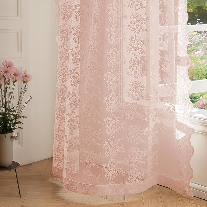 Anmao Vintage Lace Curtains 72 Inches Long 2 Panels Set, Romantic Elegant Light Filtering Semi Sheer Floral Thick Lacy Curtain Drapes for Living Room and Bedroom, Each Panel 55W x 72L, Blush Pink
