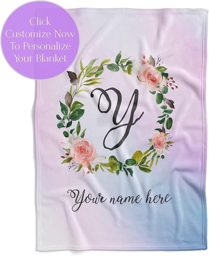 Personalized Girls Throw Blanket with Custom Name | Plush Warm Fleece for Bedding or Decorative Room Decor | Cute Kids Bed Covers | Boho Monogram Flowers (Fleece, 50x60)