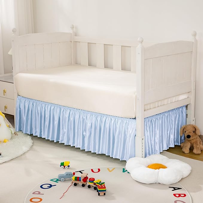 Baby Blue Satin Crib Bed Skirt, 52" x 28" with 14" Drop Silky Soft Baby Crib Skirt for Baby Girls or Boys, Fit for Standard Crib & Toddler Bedding