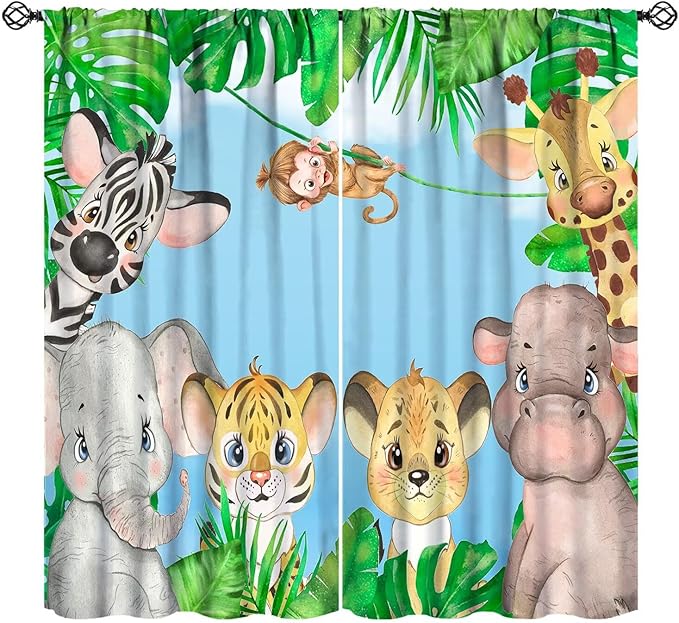 Kids Animals Blackout Curtains Watercolor Cartoon Cute Animals Green Jungle Art Printed for Children Girls Boys Bedroom Nursery Rod Pocket Decoration Window Drapes 2 Panels W31.5xL63in