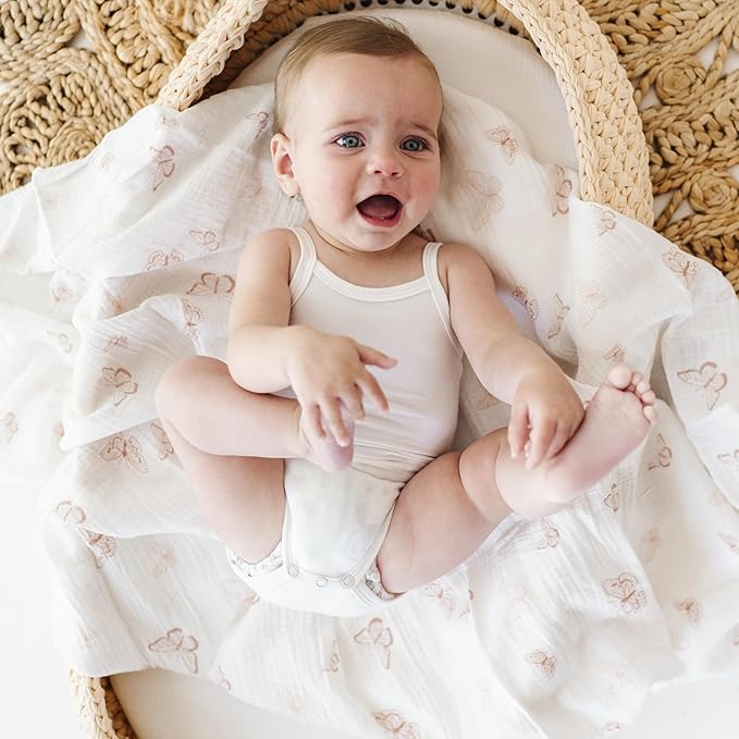 Ely's & Co. Muslin Swaddle Blankets 2-Pack for Baby Girl, 100% Cotton Muslin Extra Large Swaddle Receiving Blankets, 47”x47” (Pink Butterflies + Stripes)