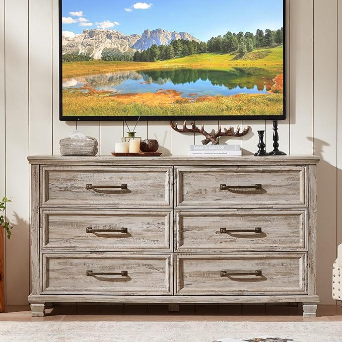 Farmhouse Bedroom Dresser and Nightstand Set of 4, 6 Drawer Tall & Low Dresser & 3 Drawer Nightstand Set with Wooden Legs, Rustic Wood Furniture Sets for Bedroom, Hallway, Grey