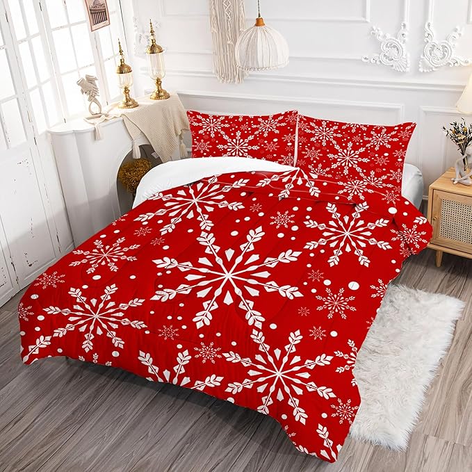 Christmas Comforter Set King: White Snowflakes Red Bedding Sets King Size for Teen Girls Women Adults Bedroom Xmas Festival Decor Winter Snowflake Quilt Bed Set 3 Piece