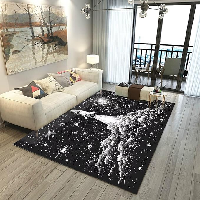 Stars Rug for Boys Room Black Space Rocket Rugs Galaxy Carpet Planet Printed Throw Rugs for Kids Teens Doormat Bedroom Living Room,31 in X 47 in