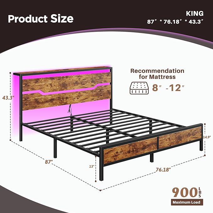 King Size Bed Frame with LED Lights & Charging Station, King Bed Frame and Headboard,13" Under Bed Storage, Noise-Free Heavy Duty Metal Support, Modern Brown