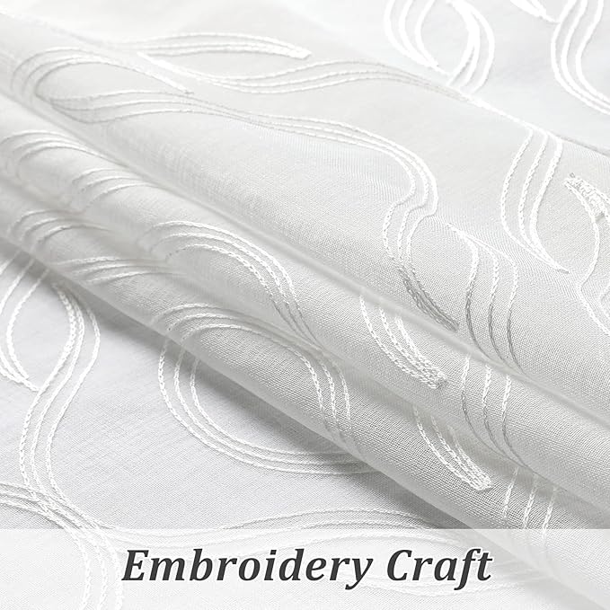 VISIONTEX Sheer Curtains 95 Inches Long 2 Panels Set, White Moroccan Embroidery Texture Geometric Rod Pocket White Voile Tulle Semi Window Treatment Pair for Bedroom, W54 x L95