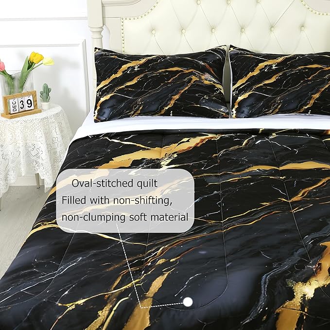 Black and Gold Comforter King: Abstract Black Marble Bedding Sets for Teens Adults Bedroom Home Decor Modern Luxury Gold Glitter Quilt Bed Set 3 Piece