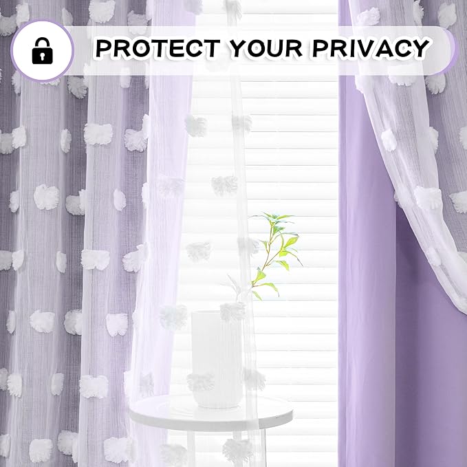 MYSKY HOME Lilac Curtains for Girls Bedroom Kids Curtain White Pom Pom Sheer Window Curtains 2 Panels Grommet Room Darkening Double Layer Nursery Curtains 63 Inches Length, Light Purple, W52 X L63