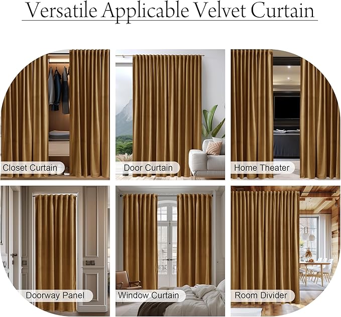 StangH Gold Brown Velvet Blackout Curtains for Sliding Door, Luxury Heavy Thermal Insulated Noise Reducing Window Drapes for Theater/Living Room/Bedroom/Patio, W100 x L96, 1 Panel