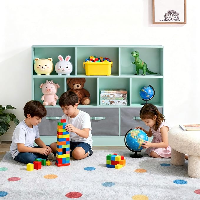 ivinta Toy Storage Organizer for Kids, 10-Cube Wooden Storage Cabinet with Collapsible Fabric Drawers for Children, 3-Tier Bookshelf for Playroom Nursery Bedroom Living Room (Green)