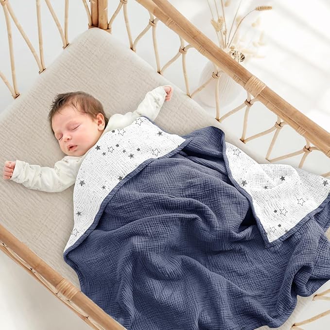 lulumoon Muslin Quilt Blanket, Crib Blanket for Baby and Toddler,47x47 Inches(Blue Star)
