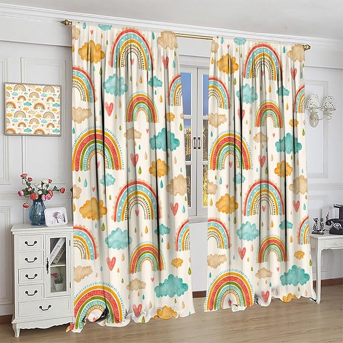 Boho Rainbow Curtains for Kids Nursery Colorful Floral Sun Star Clouds Pastel Bohemian Pattern Print Window Drapes for Girl Bedroom Living Room Kitchen Decor,2 Panel Set,72Wx63H Inch Blackout