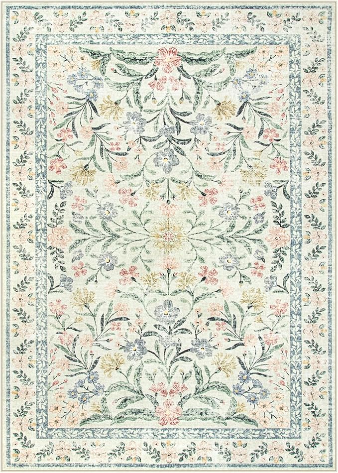 Wonnitar Large Living Room Rug, Floral 10 x 14 Machine Washable Area Rugs, Soft Boho Ultra-Thin Non-Shedding Indoor Aesthetic Carpet for Bedroom Dining Room Office