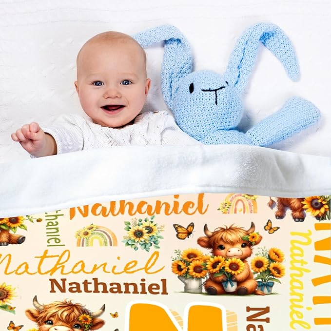 Personalized Custom Sunflower Highland Cow Preschool Blanket Gifts for Baby Toddler Kids Boys Girls Pets - Customized Sunflower Highland Cow Super Soft Flannel Sheets 30"x40" Decor for Crib Nap Couch