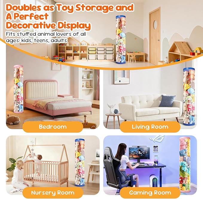 2 Pack Stuffed Animal Storage Tube - Clear 60 inch Large Vertical Toy Organizer, PET Transparent Display Holder for Plushies, Kids Stuffed Animals Zoo for Playroom, Living Room, Bedroom (Pink+Blue)