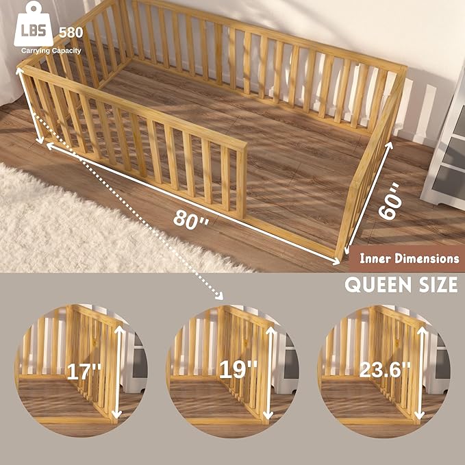 Montessori Floor Bed for Kids | Toodlers Floor Bed with Safety Guardrails | Pine Wood Baby Bed | Sturdy Wood Frame Bed for Girls and Boys (Queen, Height : 17 Inches)