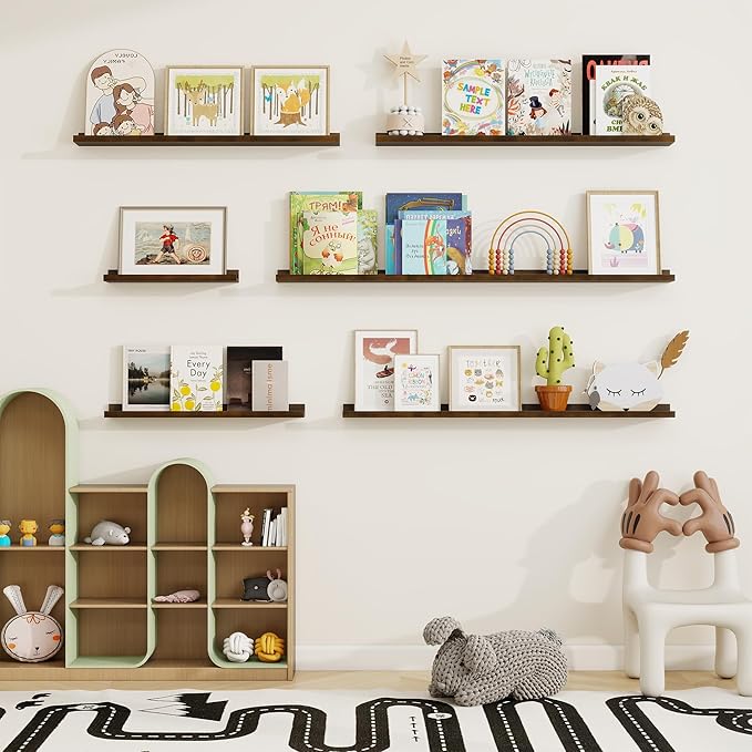 Picture Ledge Shelf, Floating Shelves Set of 2, 48 Inches Solid Wood Nursery Book Shelves for Toys Storage, Kids Bookshelf Wall Mounted for Living Room Bedroom Decor Books Photo Frames, Walnut