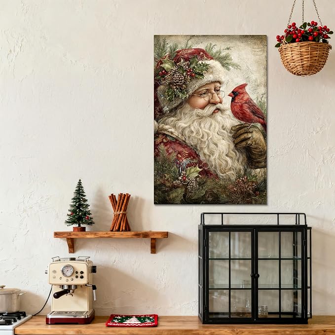 YONICA Christmas Canvas Wall Art Santa with Cardinal 12x16 Inch Vintage Style with Red Bird - Large Framed Gallery Wrapped Wildlife Art