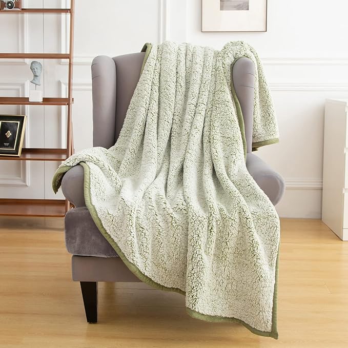 EMME Soft Sherpa Fleece Blanket Reversible Plush Fluffy Large Blanket, Light Weight Warm Decorative Boho Blanket Cover for Sofa, Couch, Bedroom,Travel(Plush Sage,108"x90")