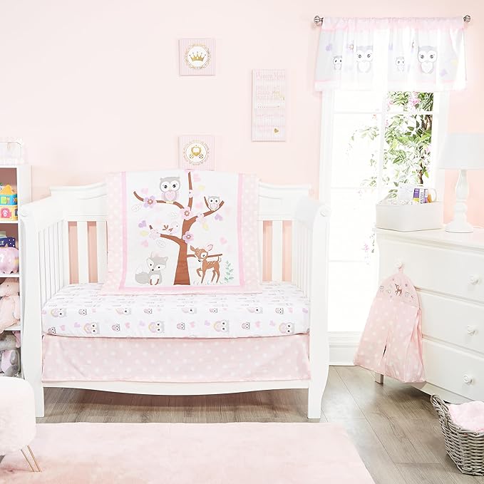 EVERYDAY KIDS 4 Piece Girls Crib Bedding Set - Owls - Soft 100% Cotton Percale - Includes Quilt, Fitted Sheet, Dust Ruffle and Diaper Stacker - Nursery Bedding Set - Baby Crib Bedding Set