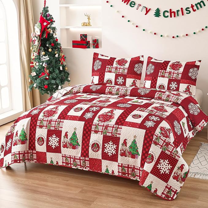 Christmas Quilt Set Queen Size Bedding - Red Plaid Xmas Bedspread With Gnome Decor, Holiday Lightweight Reversible Quilt