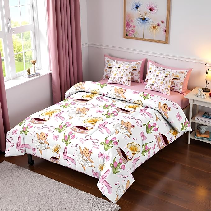 Pink Bowknot Princess Comforter Full Size,Ballet Shoes Bear Dancer Cartoon 7 Pcs Bedding Set,Tulip Flower Music Note Record Decor,Bow Tie Romantic （Fitted+Sheet+2 Pillowcases+2 Throw Pillow Covers）