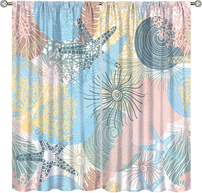 Nautical Blackout Curtain Beach Theme Starfish Seashell Nautical Rustic Ocean Sea Vintage Retro Coastal Summer Bedroom Set 2 Panels,42x63 Inches