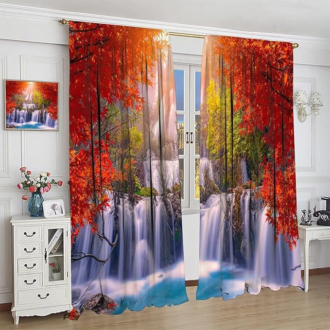 Forest Waterfall Blackout Windows Curtains, Autumn Red Green Maple Leaves Jungle Rainforest Natural Scenery Landscape Curtains, for Living Room Bedroom 52x84in 2 Panels