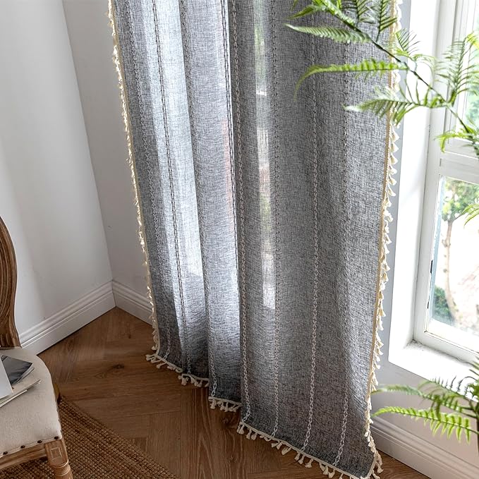 Deeprove Dark Gray Boho Curtains 96 inches Length for Bedroom Living Room, Coal Grey Bohemian 96 inches Long Embroideried Cottage Farmhouse Vintage Tassel Window Treatments, W52 x L96, 1 Panel