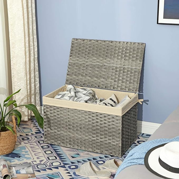 SONGMICS Storage Basket with Lid, 42.3 Gallon (160L) Storage Bin, Woven Blanket Storage Basket with Handles, Foldable, Removable Liner, Metal Frame, for Bedroom, Laundry Room, Gray URST76WG