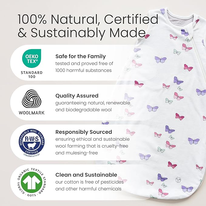Woolino Merino Wool and Organic Cotton Baby Sleeping Bag - 4 Season Classic Sleep Sack - Two-Way Zipper Sleeping Bag for Baby and Toddler - 0-6 Months - Sage