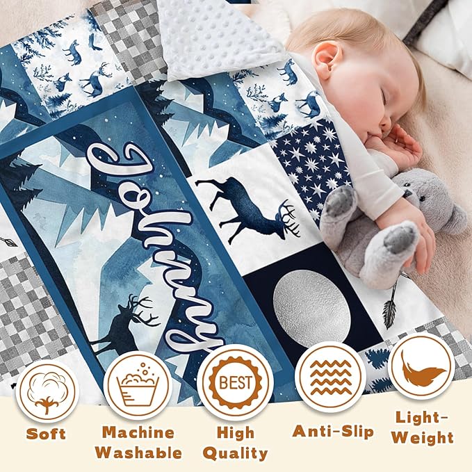 Personalized Baby Blankets for Girls Boys, Custom Blue Deer Baby Blanket with Name for Kids, Flannel Bed Throw Blanket for Newborn, Customized Gifts for Baby Shower Nursery Blanket(60" x80)