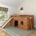 Max & Lily Loft Bed Twin Size, Solid Wood Low Loft Bed with Slide and Ladder, Modern Farmhouse Loft Bed for Kids, Farmhouse Pecan