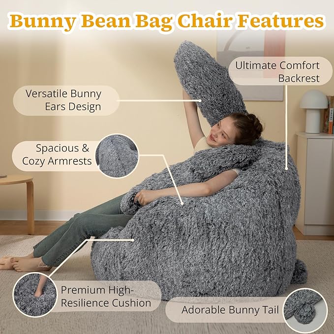 Bean Bag Chair for Adults Kids Giant Fluffy Plush Bean Bag Sofa with Filler Faux Fur Rabbit Shaped Beanbag Chairs Comfy Accent Floor Couch for Gaming, Reading in Bedroom, Living Room, Dorm