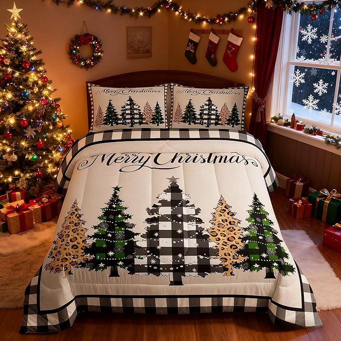 Merry Christmas Kids Comforter Set Queen Size,Leopard Plaids Pines Trees Bedding,Girls Boys Adults Bedroom/Xmas Cabin Decor,Geometric Grids Retro Down Comforter,Rustic Duvet Insert,2 Pillowcases