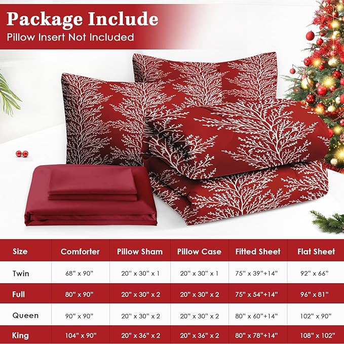 7 Pcs Queen Size Christmas Comforter Set with 2 Pillowcases & 2 Shams, Red Botanical Bedding for Kids and Adults, Winter Tree Branch Bed in a Bag with Flat Fitted Sheet